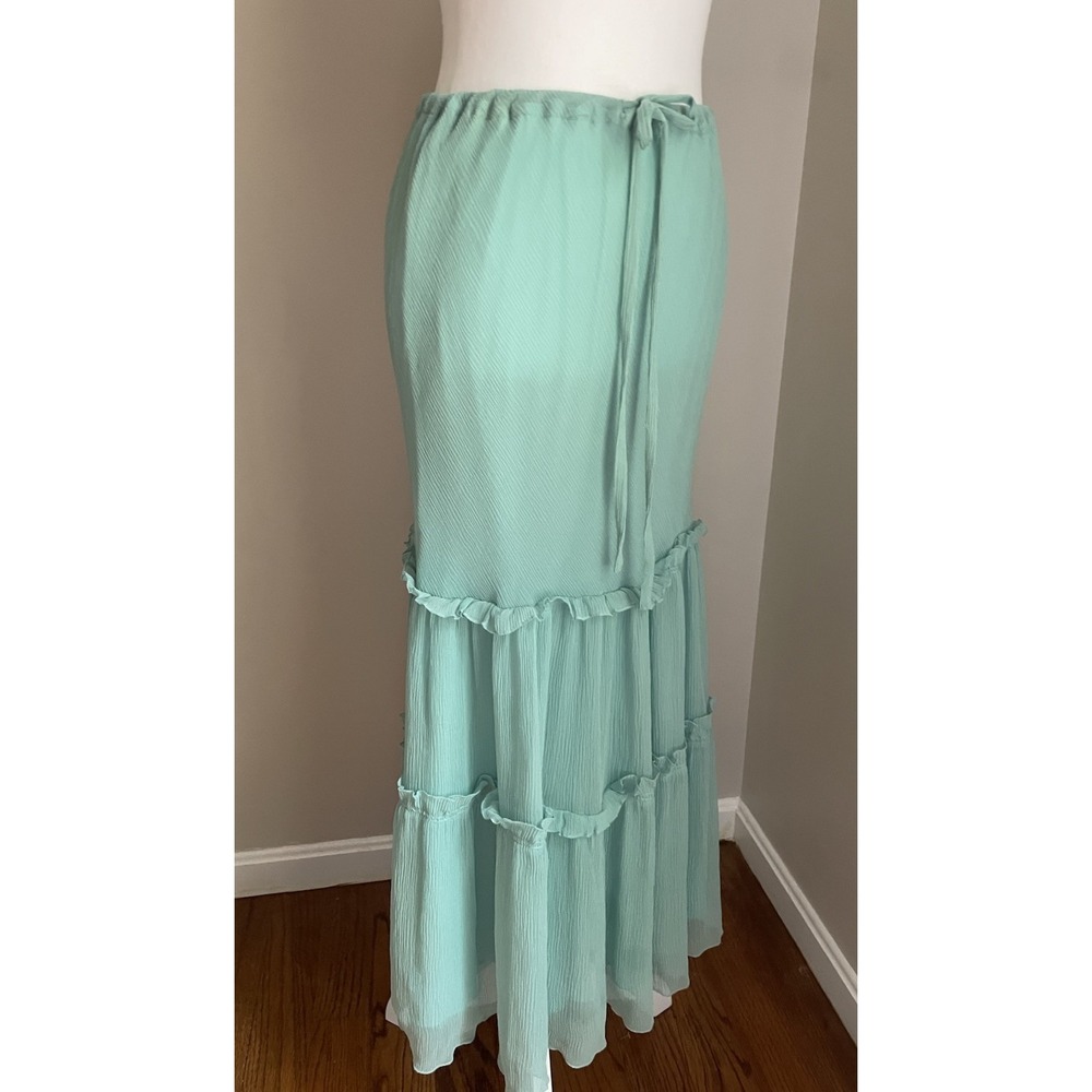 Diane Von Furstenburg Vintage Silk Skirt 8 Maxi‎ Tiered Drawstring Teal Fairy